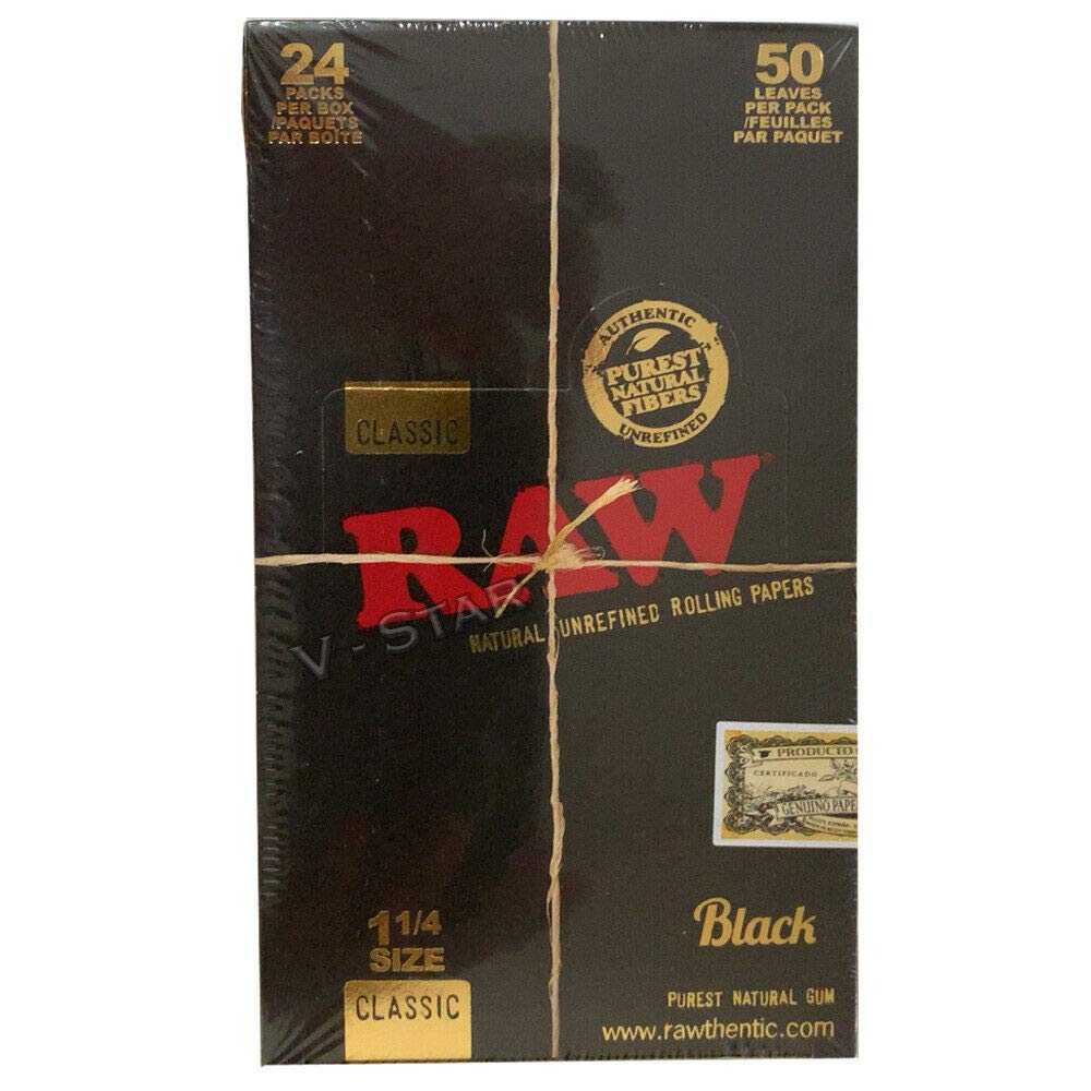 RAW BLACK NATURAL UNREFINED 1 1/4 (1.25) ROLLING PAPERS 24 PACKS FULL SEALED BOX