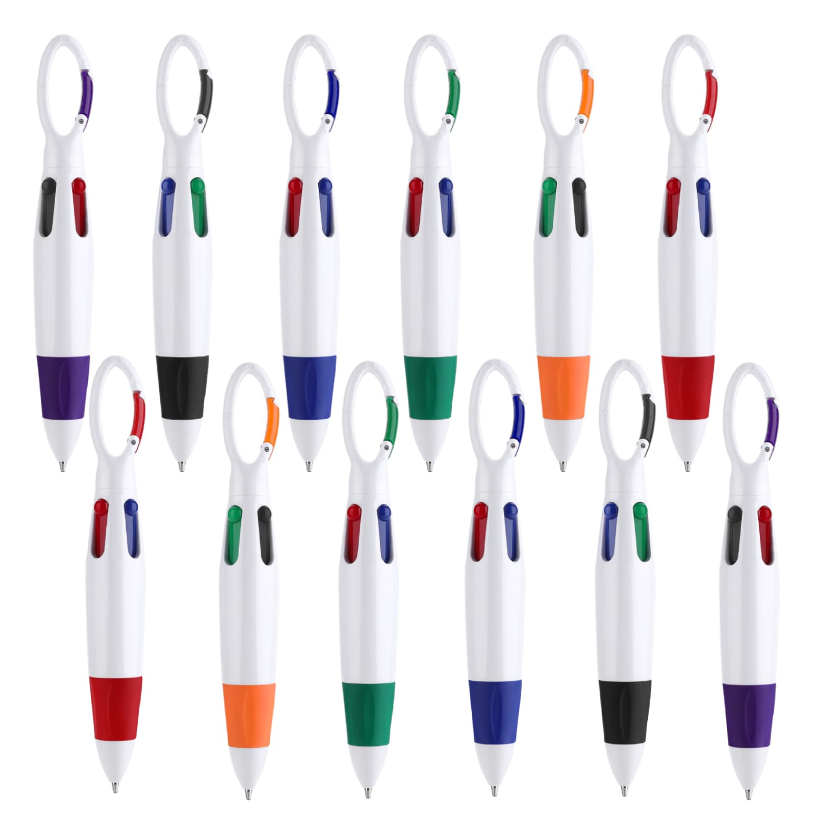 TIESOME 12 Pieces Retractable Shuttle Pens, 4-in-1 Ballpoint Pens Multicolor Pens with Buckle Keychain on Top for Office School Supplies Party Favors Students Gifts (12 PCS)
