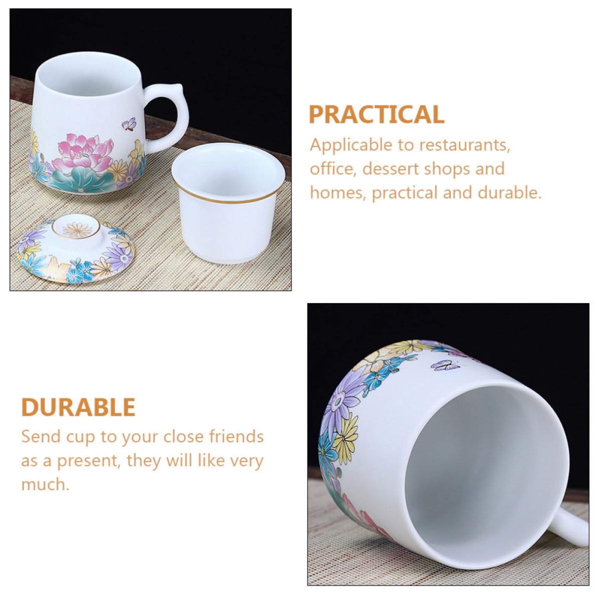Taza de Cerámica con Filtro y Tapa para Té Resistente al Calor, Fácil de Limpiar, Multiusos Adecuado para Oficina y Hogar, Juego de 1 Set