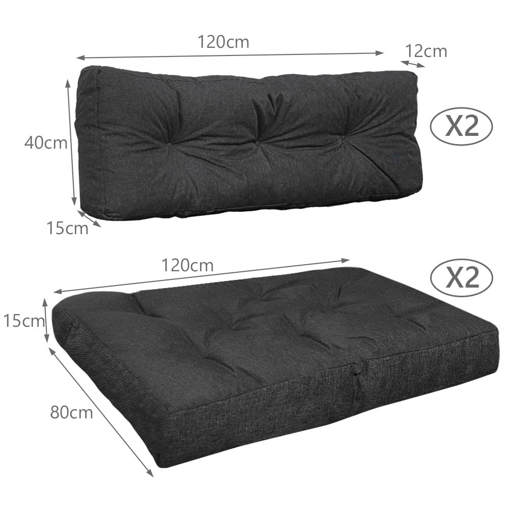 VOUNOT Cojines para Palets 4-Piezas Set, Impermeable para Interior y Exterior, Cojín de Asiento 120x80 cm, Respaldo 120x40 cm, Gris Oscuro