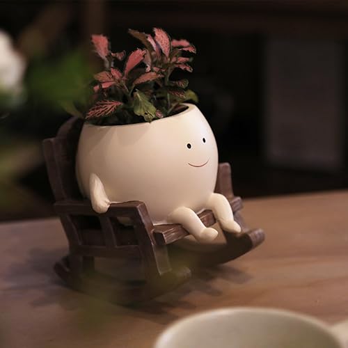 Miniatura 5 de UMESONG Smily Face Macetero de resina con cabeza de flor para plantas de interior y exterior, única mecedora para suculentas, idea de regalo para