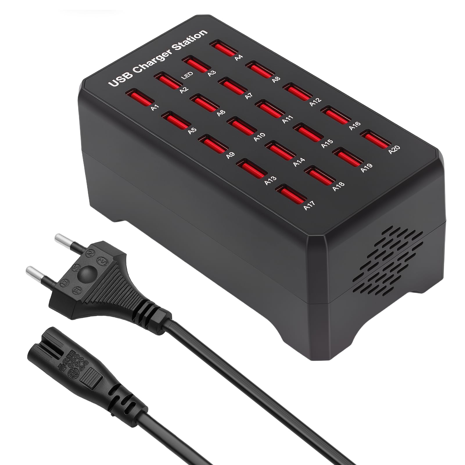 Stazione di Ricarica USB a 20 Porte, 100W Caricatore USB multiplo per Casa | Per Hotel Ufficio Viaggi Trasmissioni In Diretta, alimentatore USB da Tavolo per Telefono Tablet Cuffie Orologi