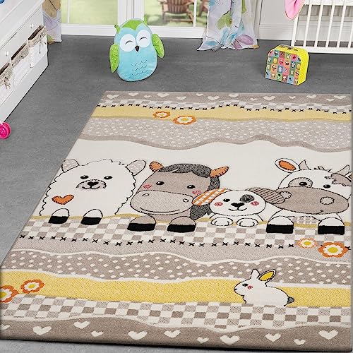 TT Home Kinder Teppich Bauernhof Design Lustige Tiere Kinderzimmer Teppiche Beige Creme,...