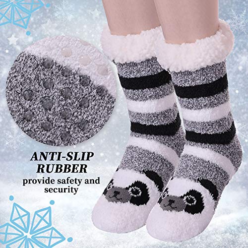 LANLEO Womens Cute Cartoon Animal Fuzzy Slipper Socks Winter Soft Warm Fleece Lining Knit Home Socks With Grippers (Panda) - Thumbnail 3