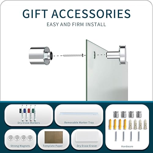 Miniatura 6 de Pizarra blanca magnética, pizarra de cristal de borrado en seco de 4 x 3 pies, superficie blanca, sin marco, suministros escolares en casa o