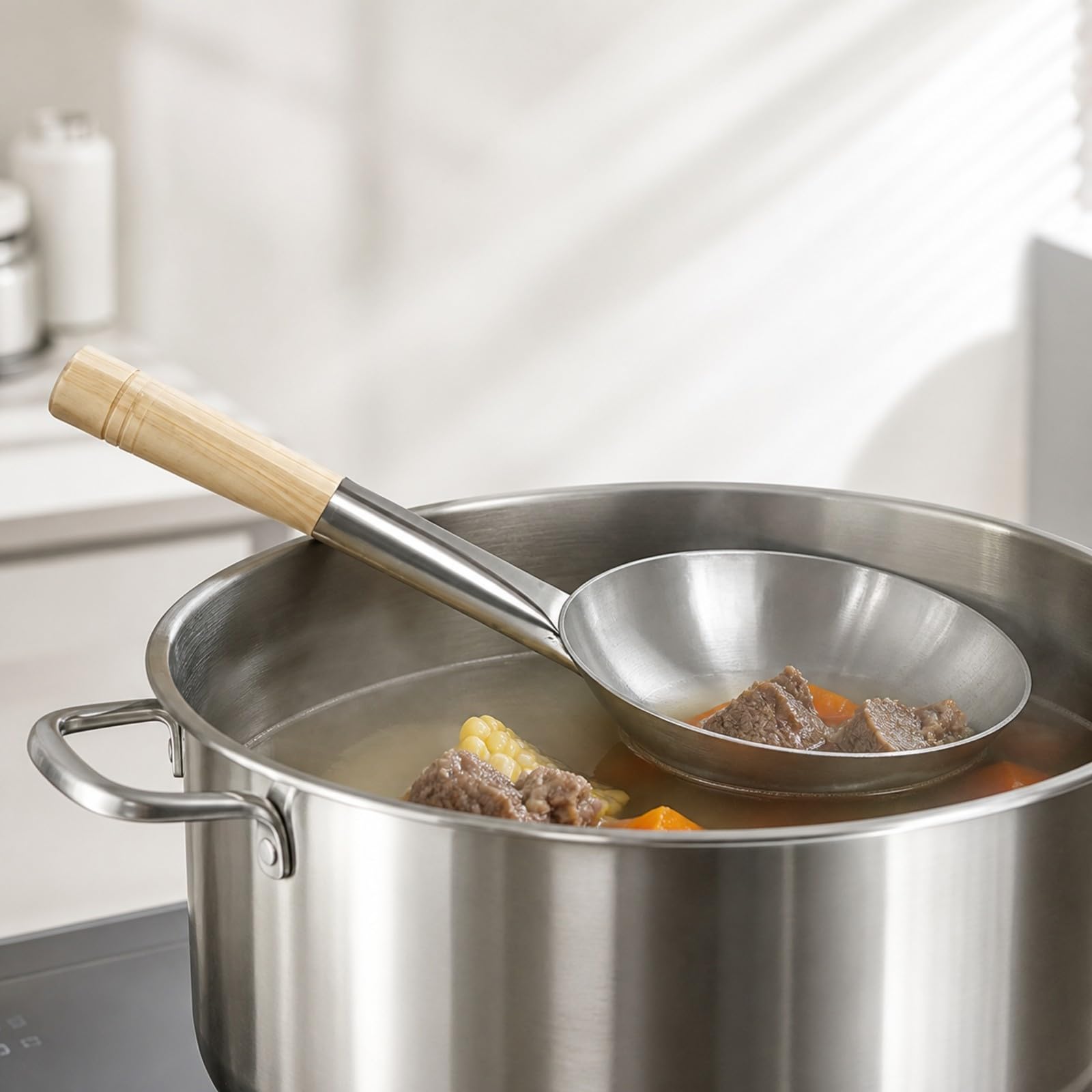 Mestolo da Zuppa in Acciaio Inox con Manico in Legno Resistente Al Mestolo Acciaio Inox Durevole per Cuochi Professionisti, Ristorante, Legno 30CM 2 0MM