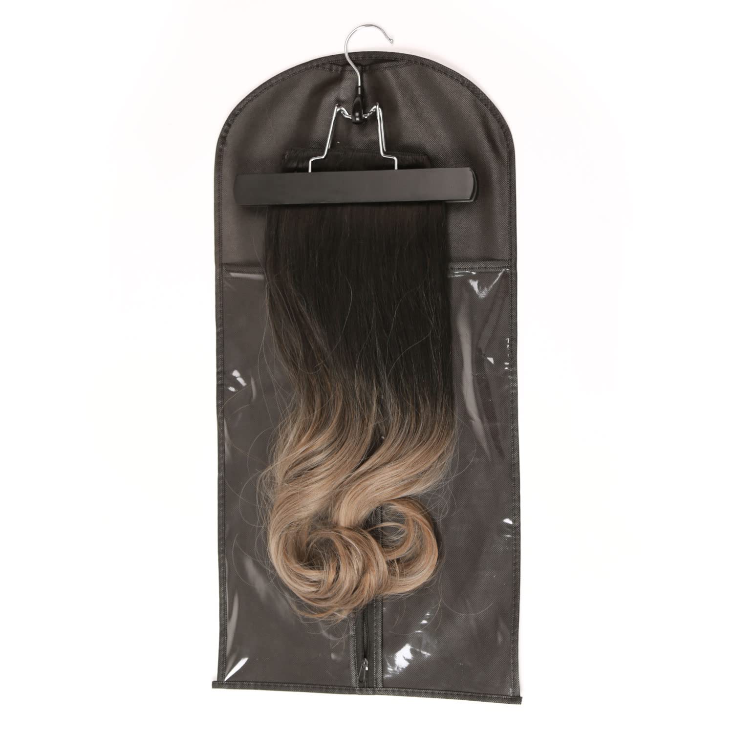 Hair Extension Storage Bag Holder Case with Wooden Hanger,Dustproof & Portable Storage Bag for Human Hair Extension Wigs COVE (Pack of 1, Black)