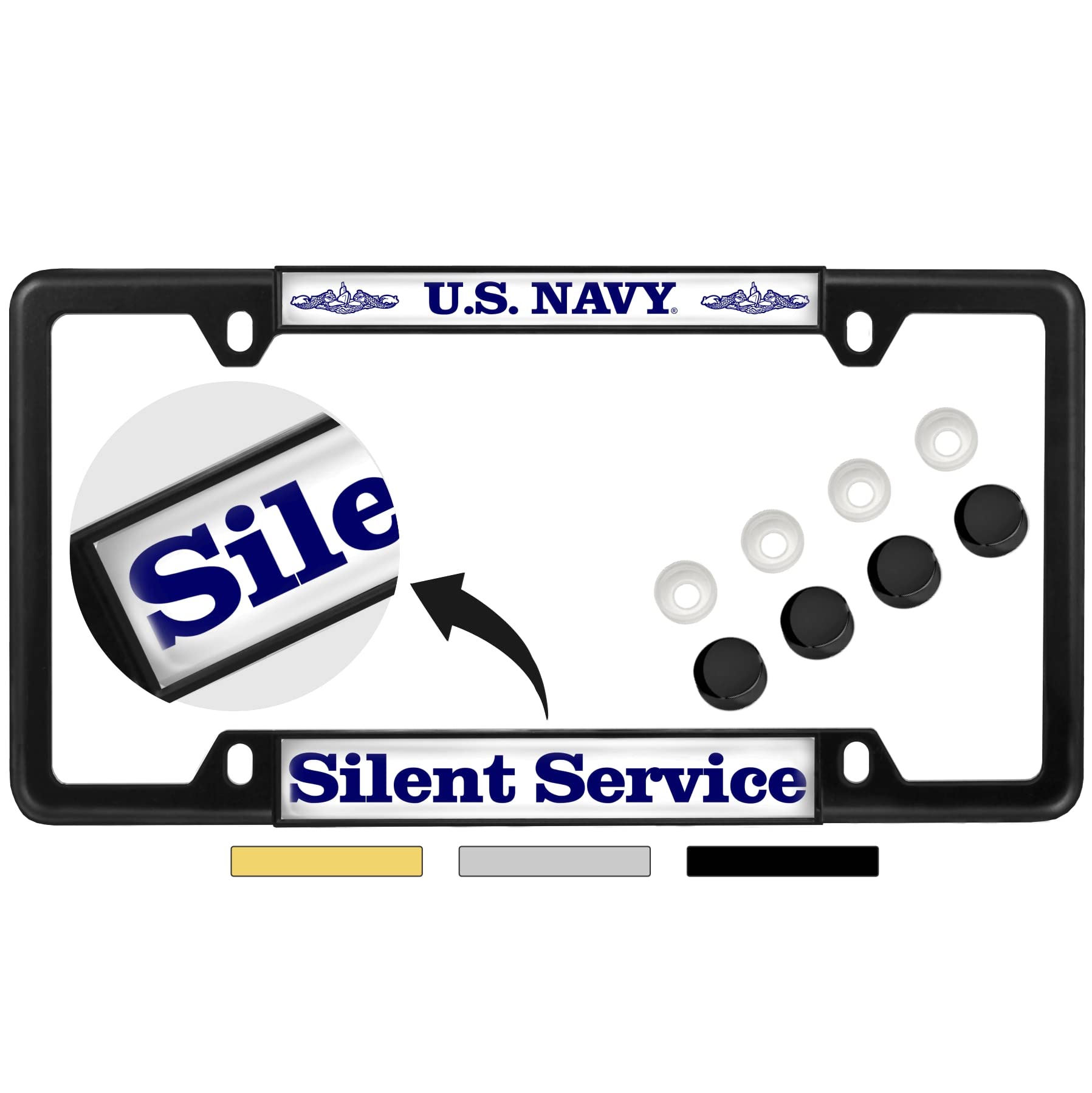 [Officially Licensed Product] - U.S. NAVY Silent Service - Domed Custom-Made Personalized Narrow (Thin) Top 4 hole Metal Car License Plate Frame with FREE caps - Black (Quantity: 1 Frame)