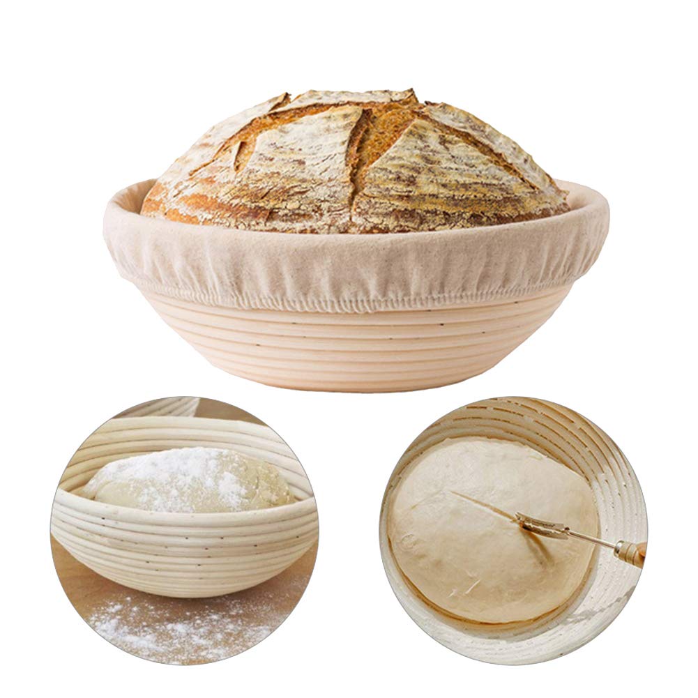 Cestello per la Preparazione del Pane/Cestini di lievito Naturale Banneton/Ciotola in Rattan in Aumento con Liner e taglierina per Pane, per fornai Professionisti,10.2in