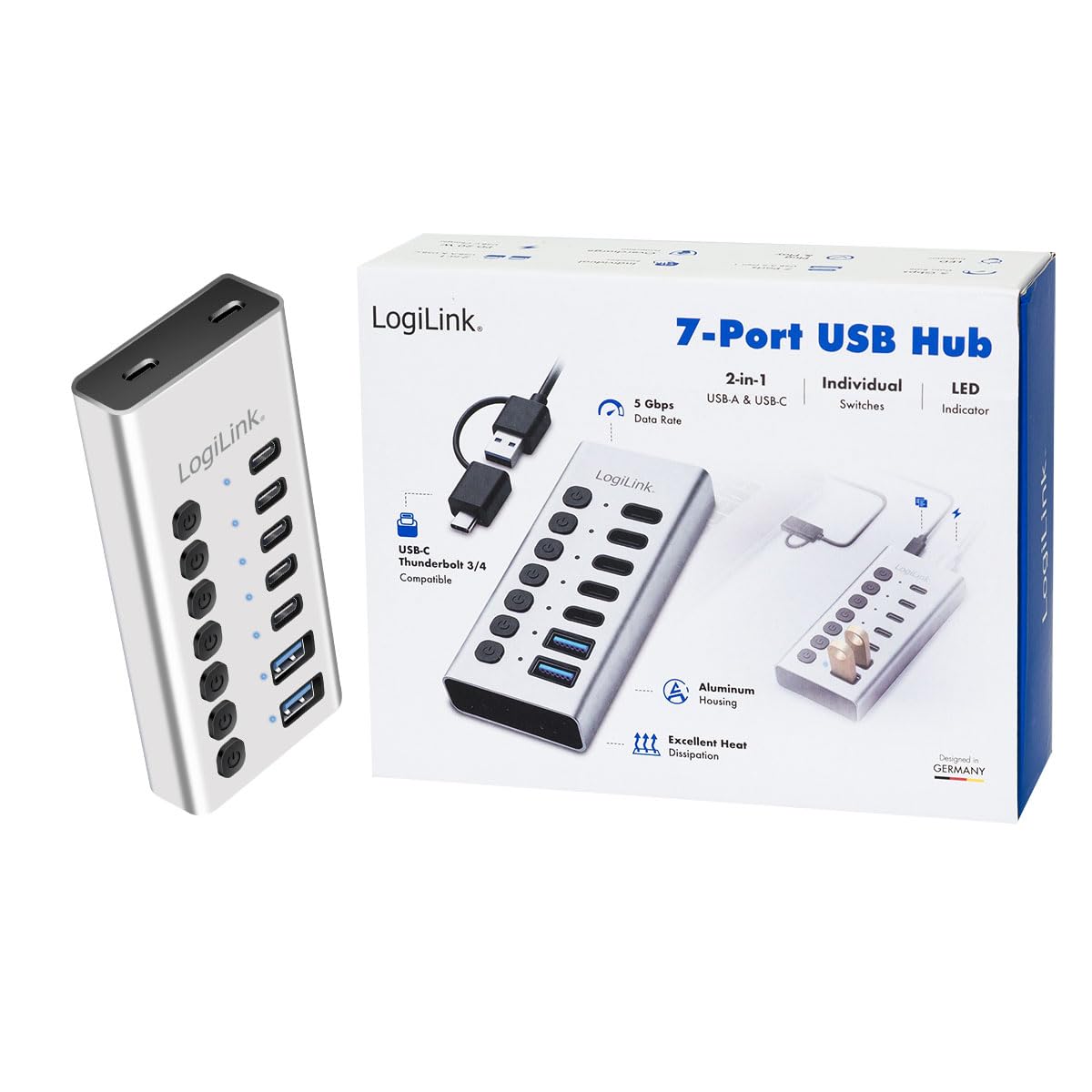 LogiLink UA0447 - Hub USB 3.2 Gen1 con 7 Puertos y Cable/Adaptador, USB Tipo A y USB Tipo C, Interruptor de Encendido/Apagado, Aluminio