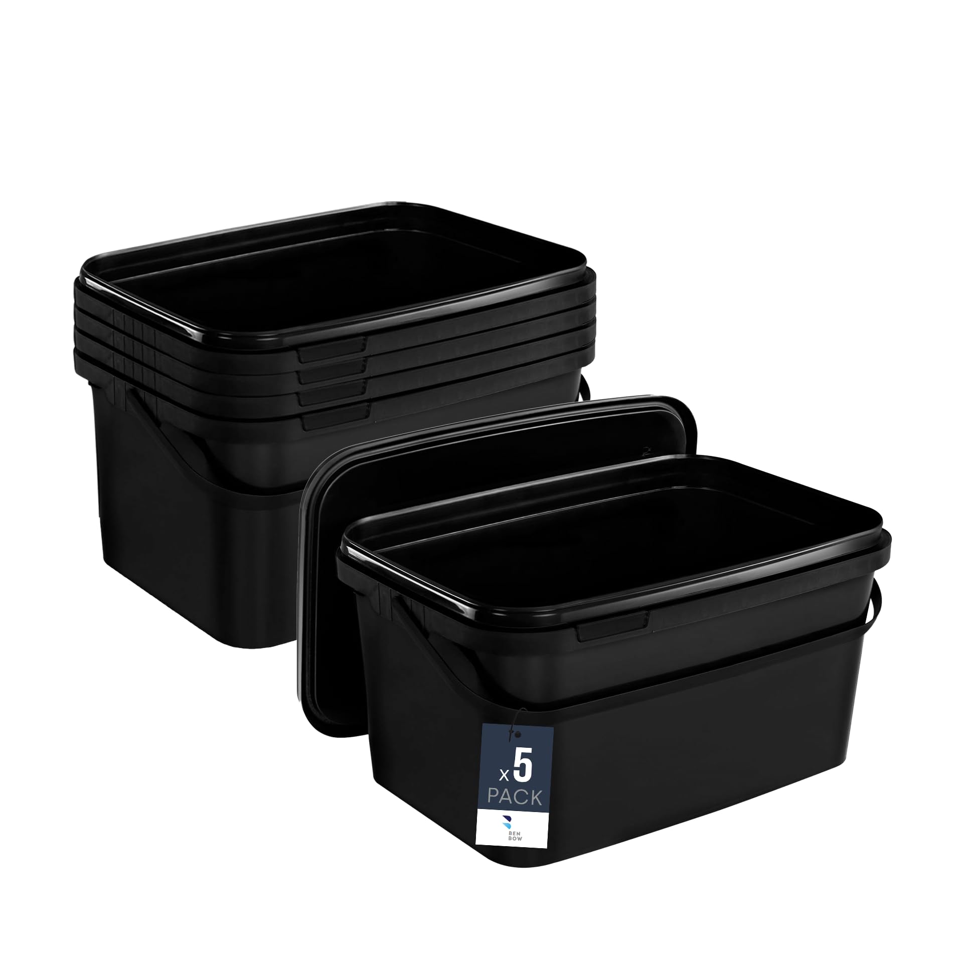 Benbow Black Rectangular Bucket With Lid 1.1 Gal (5X 5L) - Food-Safe, Stackable Plastic Box With Handle - Airtight, Leak-Proof, Odourless, Ideal For Home And Commercial Use - Empty