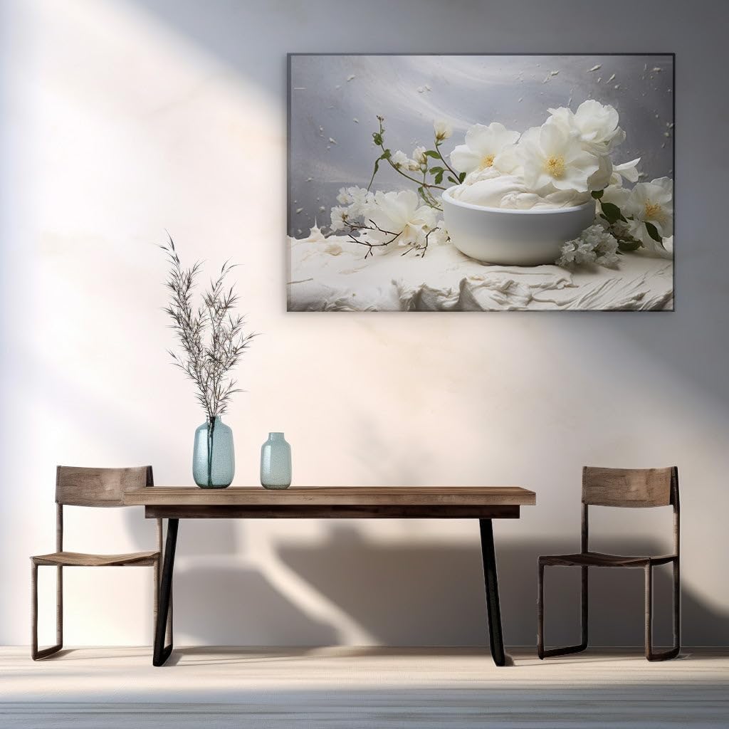 Canvas for Living room. Whispering Whites: A Serene Symphony of Marshmallows and Roses, 27 x 18 inch Canvas Wall Art - Contemporary Masterpieces - Botanical Home Decor