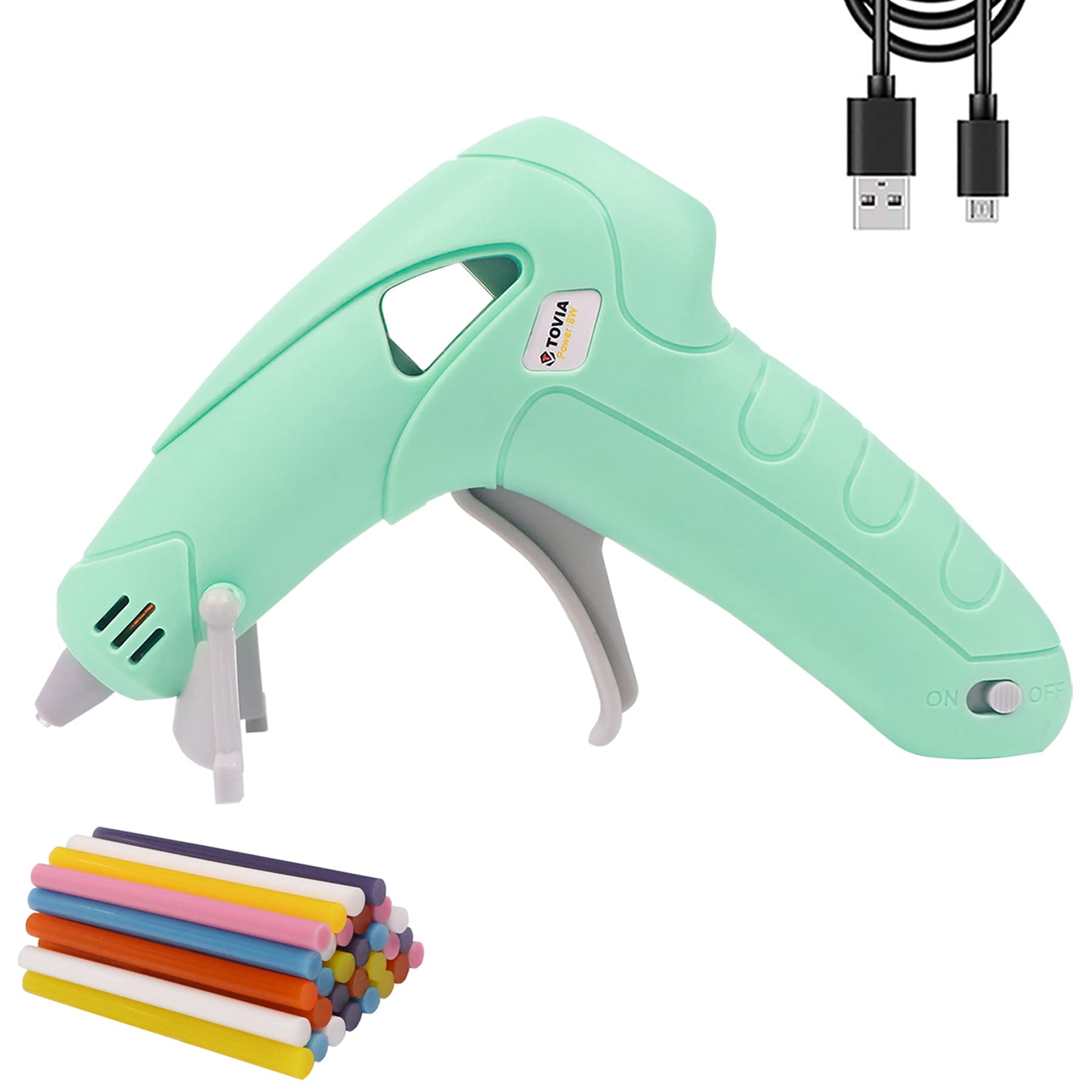 T TOVIA Wireless Hot Glue Gun with Stand, Battery Operated Mini Cordless Rechargeable Hot Melt Gun Kit with 30pcs Colored Glue Sticks for Children Adults DIY Craft, Home Decoration, Daily Repair Green