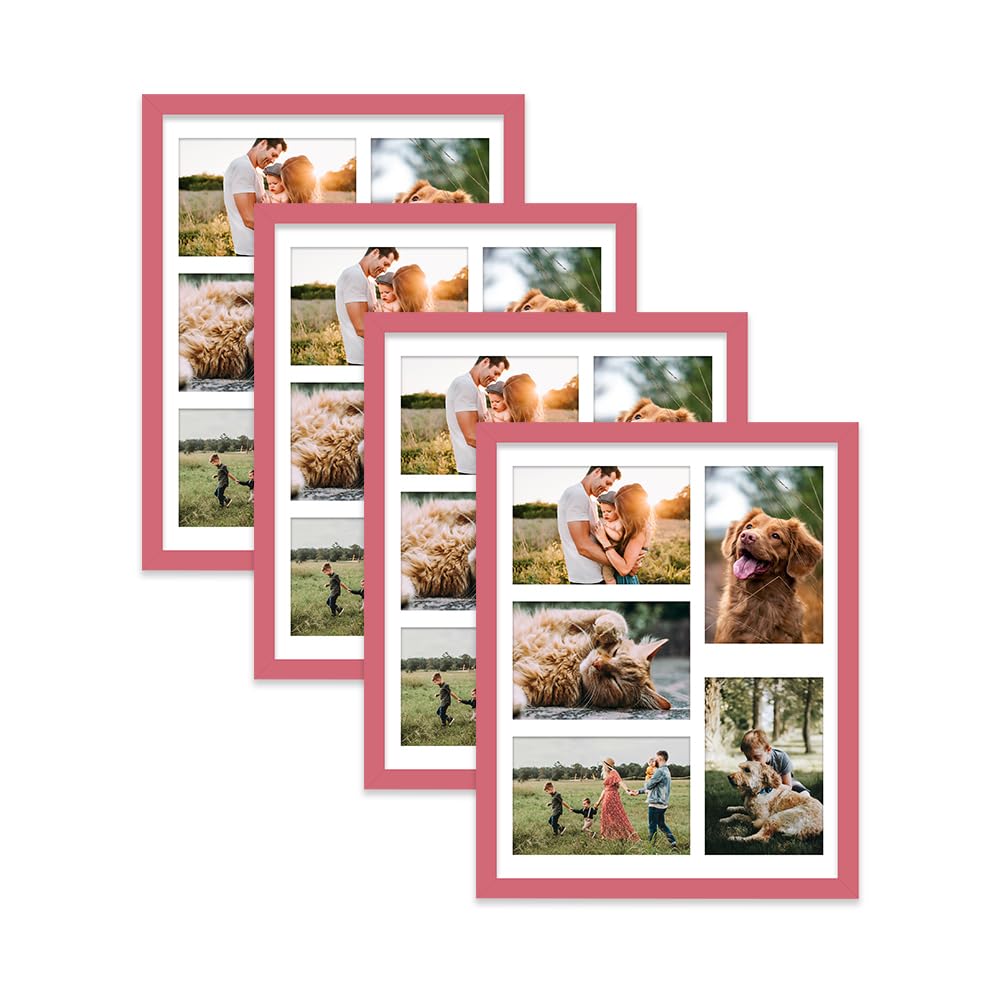 Pink Multi Photo Frame - Holds 5 x 6x4 Pictures, Family Collage Picture Frame for Wall Display, 14x11 Frame size, Set of 4