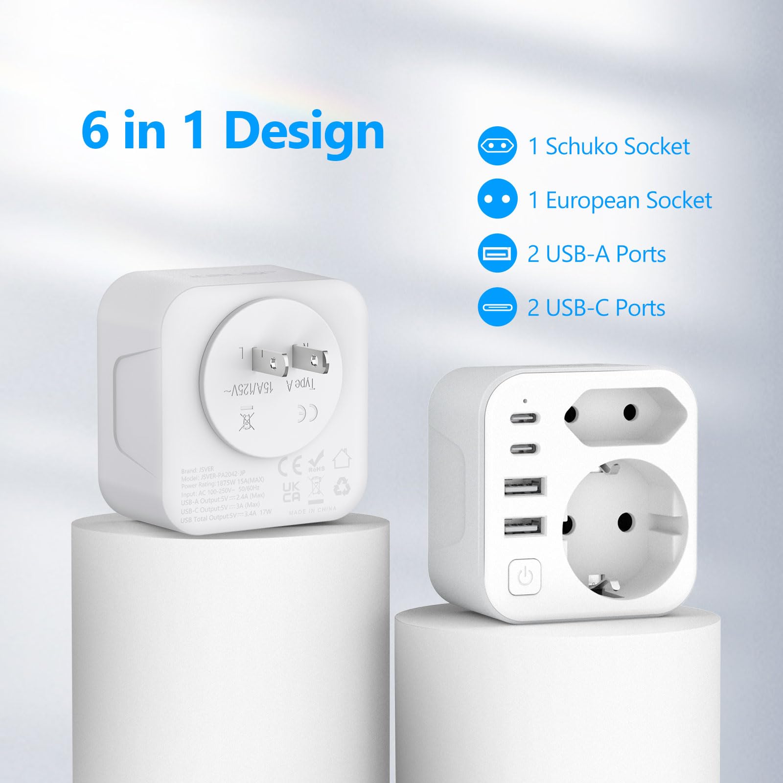 JSVER Adaptador de Viaje para Japón, Enchufe de Viaje Bidireccional con 4 Puertos USB (2 A y 2 C), Adaptador Compacto Tipo A para Conectar Desde España a Japón,EE. UU.,México,Canadá(Blanco) — view 4