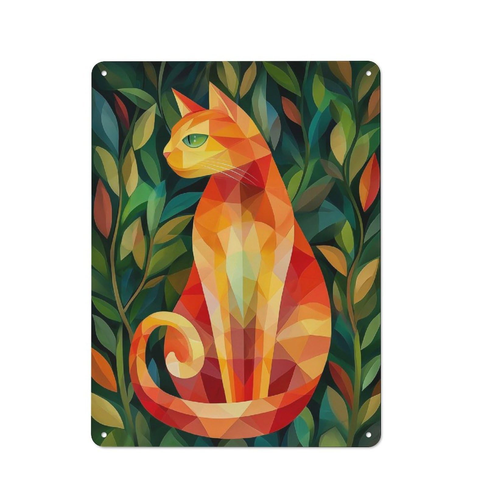 Junmoney Style-8 Geometric Cat In Foliage Retro Tin Wall Plaque 40X30cm For Hobby Room Or Studio, New Home Wall Decor For Hobby Room Decor Fans