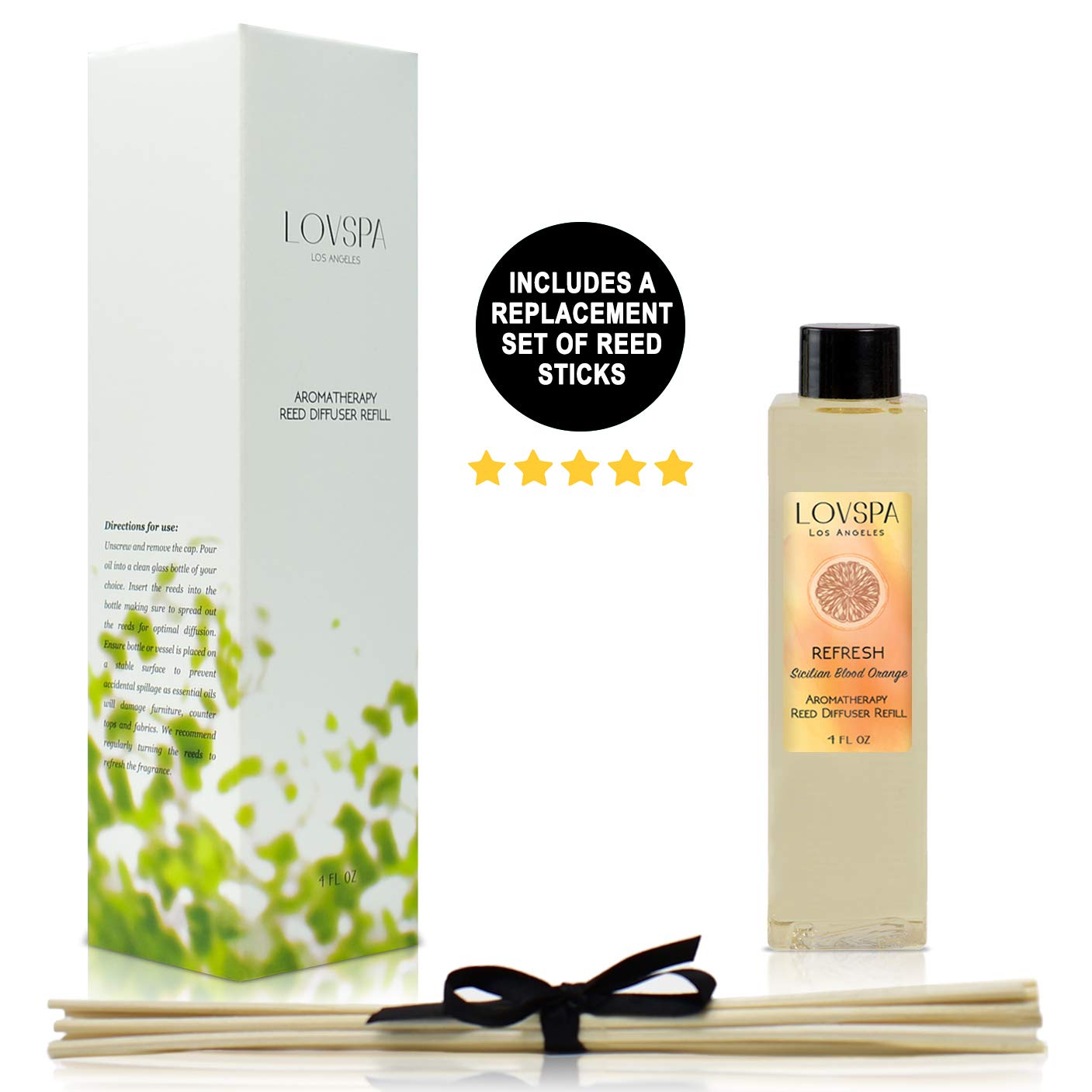 LOVSPA Refresh Citrus Reed Diffuser Oil Refill with Reed Sticks | Sicilian Blood Orange | Energizing Grapefruit & Bergamot Fragrance Oil Scent Sticks | Made in The USA