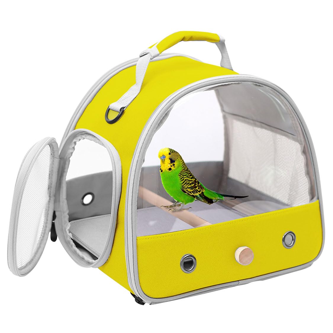 Small Bird Travel Carrier, Portable Bird Cage for Parrot Parakeet Budgie Cockatiel with Soft Mat and Wooden Stand Perch (Yellow, Clear Windows) โ image 1