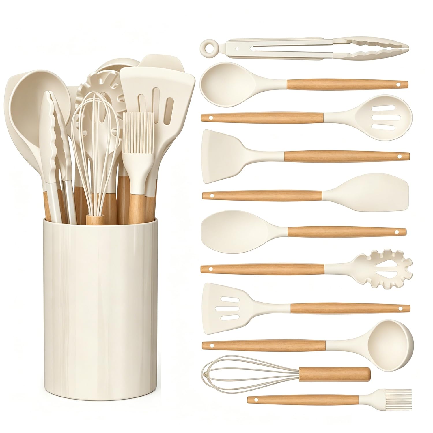 12 PCS Silicone Cooking Utensils Set with Wooden Handle, Kitchen Utensil Set, Heat Resistant, Nonstick Cookware Tongs Spatula Spoon Set, Dishwasher Safe, Best Kitchen Tools with Holder (White)