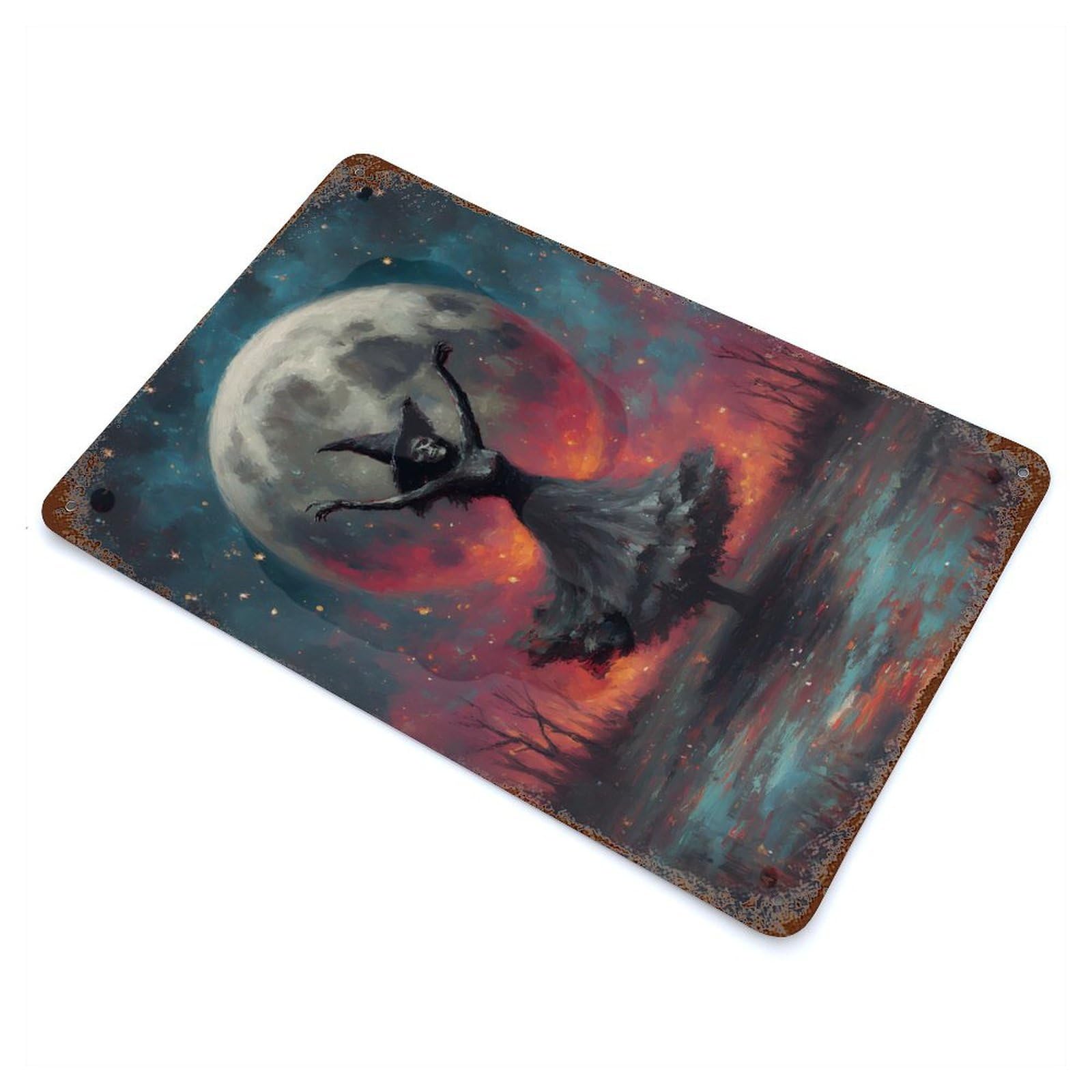 Garage Style Witch Skeleton Dancing Under Full Moon Vintage Rust Metal Sign 11.8"x7.9", Shabby Chic Decor for Bar And Workshop