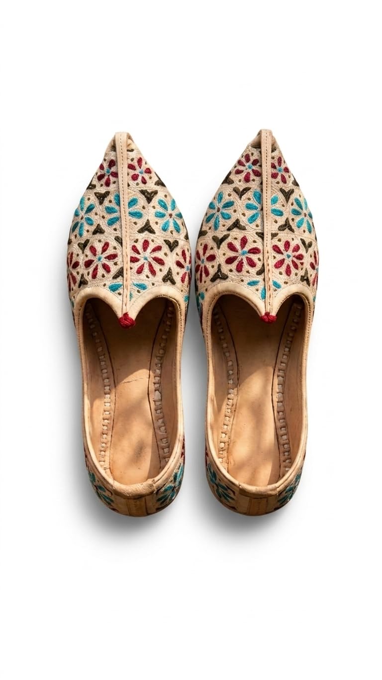 Rajasthani Mojari Jutti, Cream with Multicolour Floral-picture-10