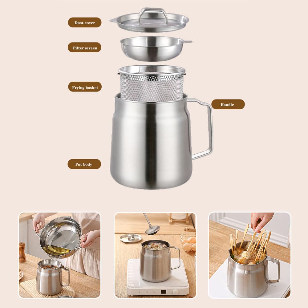 Filtro dell'olio in acciaio inox 304 con coperchio e cestello per friggere, contenitore per grasso per pancetta, per conservare olio e grasso da cucina, 2 l