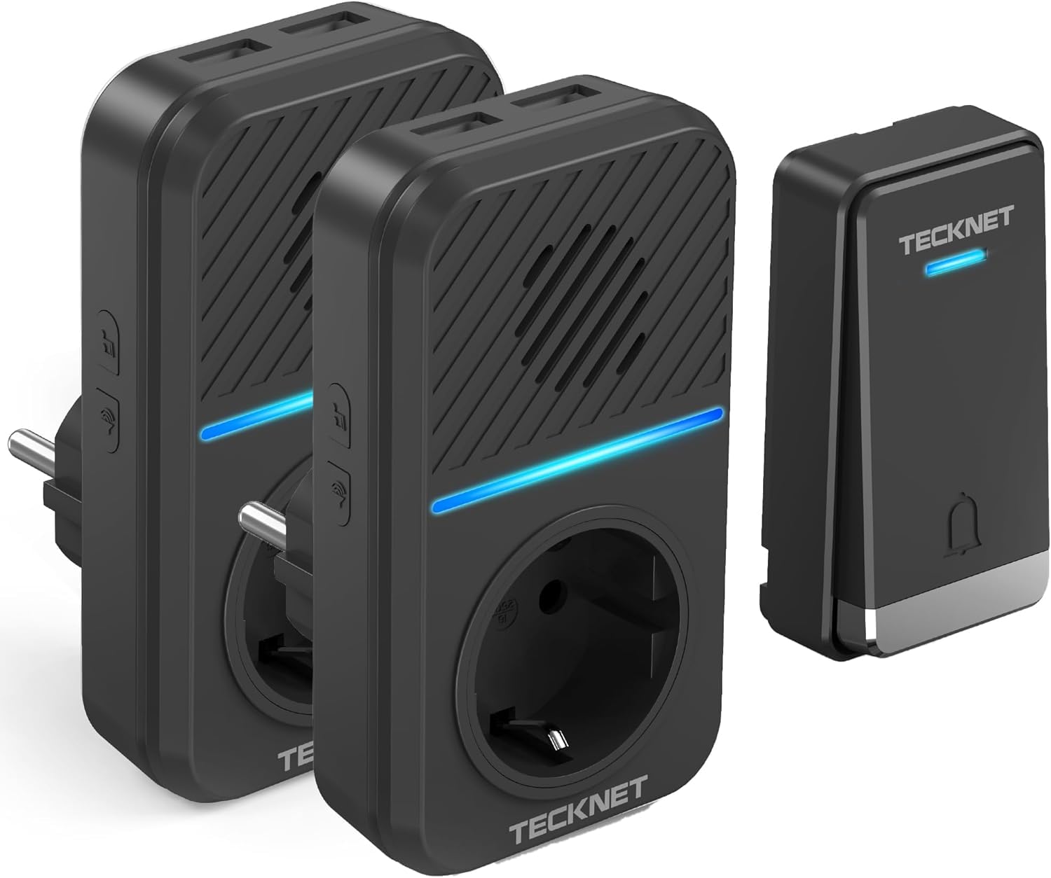 TECKNET Funkklingel Batterielose, Steckdosen Kabellose Türklingel, IP65 Wasserdicht Drahtloses Funk Türklingel mit 2 EU-Steckdose und USB, 400m, 60 Laute Melodien, 5 Lautstärke Stufen, LED-Blinken