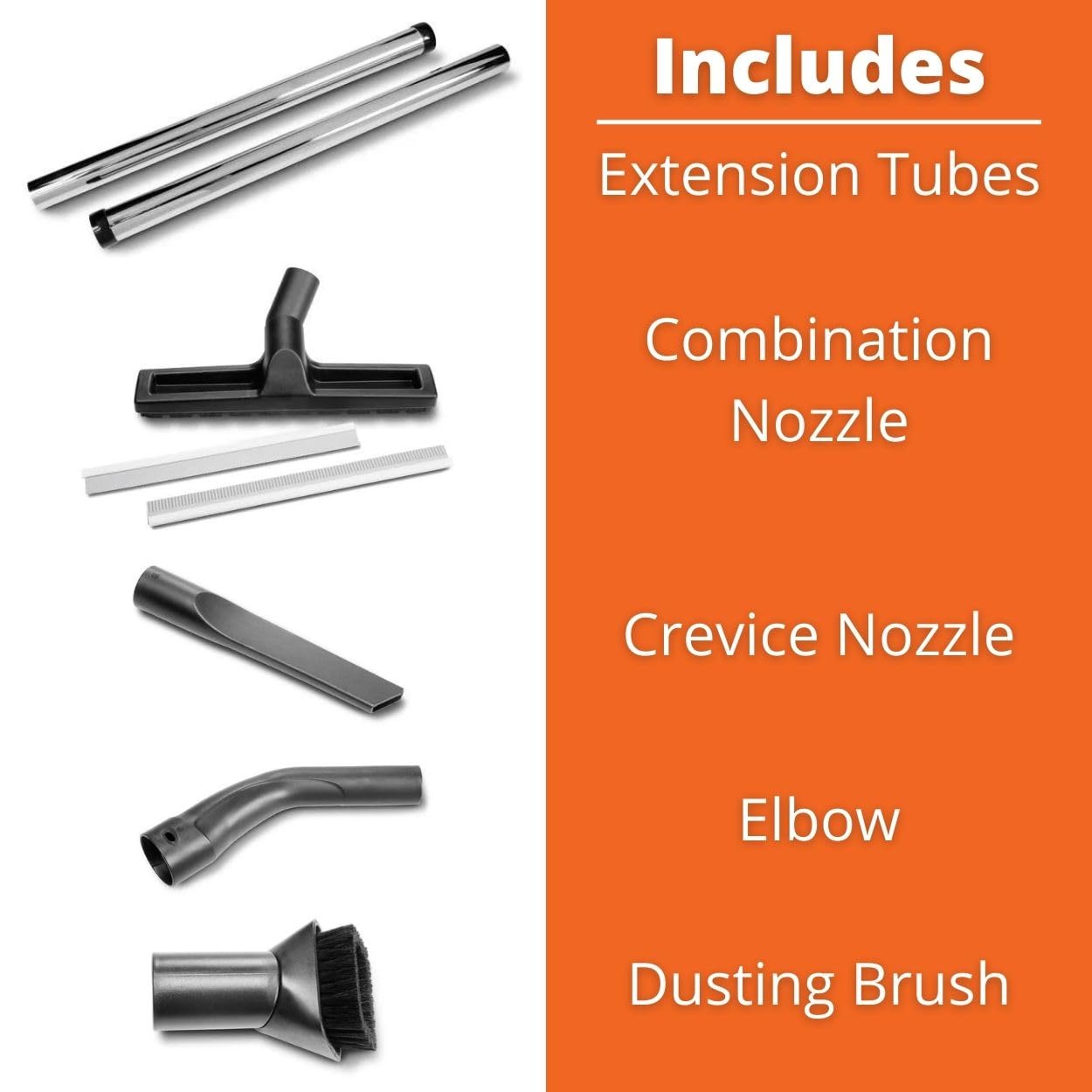 Various accessories included with the Fein Turbo II X AC PRO dust extractor, such as extension tubes, nozzles, and brushes.