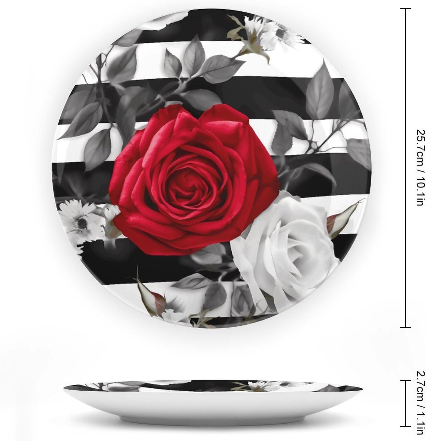 Black White Stripes Red Rose Flowers Decorative Plates for Display Custom Decorative Ceramic Plate With Stand Personalized Hanging Art Wall Decor for Living Room Hallway Table Shelf Decor
