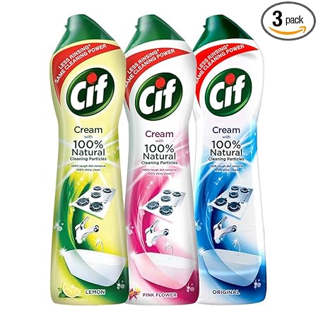 Cif Lemon, Pink and Original Multipurpose Surface Cleaner Cream for Kitchen & Bathroom | 100% Dirt & Grease Removal With Natural Cleaning Particle For Shiny Surface |Imported |3x500 ml, Multicolor