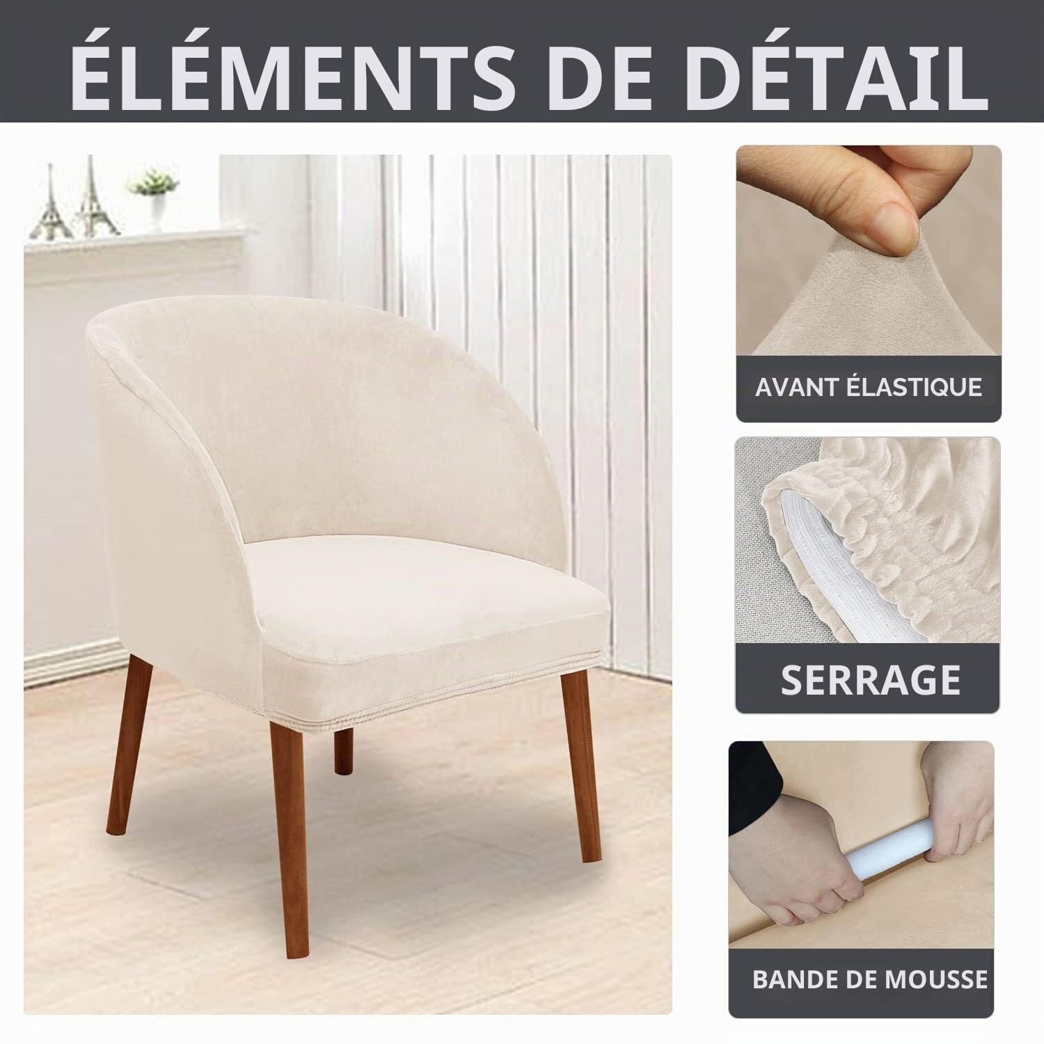 Housses de Chaise Extensibles en Velours, Dossier Rond avec accoudoirs, 2/4/6 pièces, Housse de Chaise de Salle à Manger, Fauteuil scandinave(Beige Beige,6PCS)