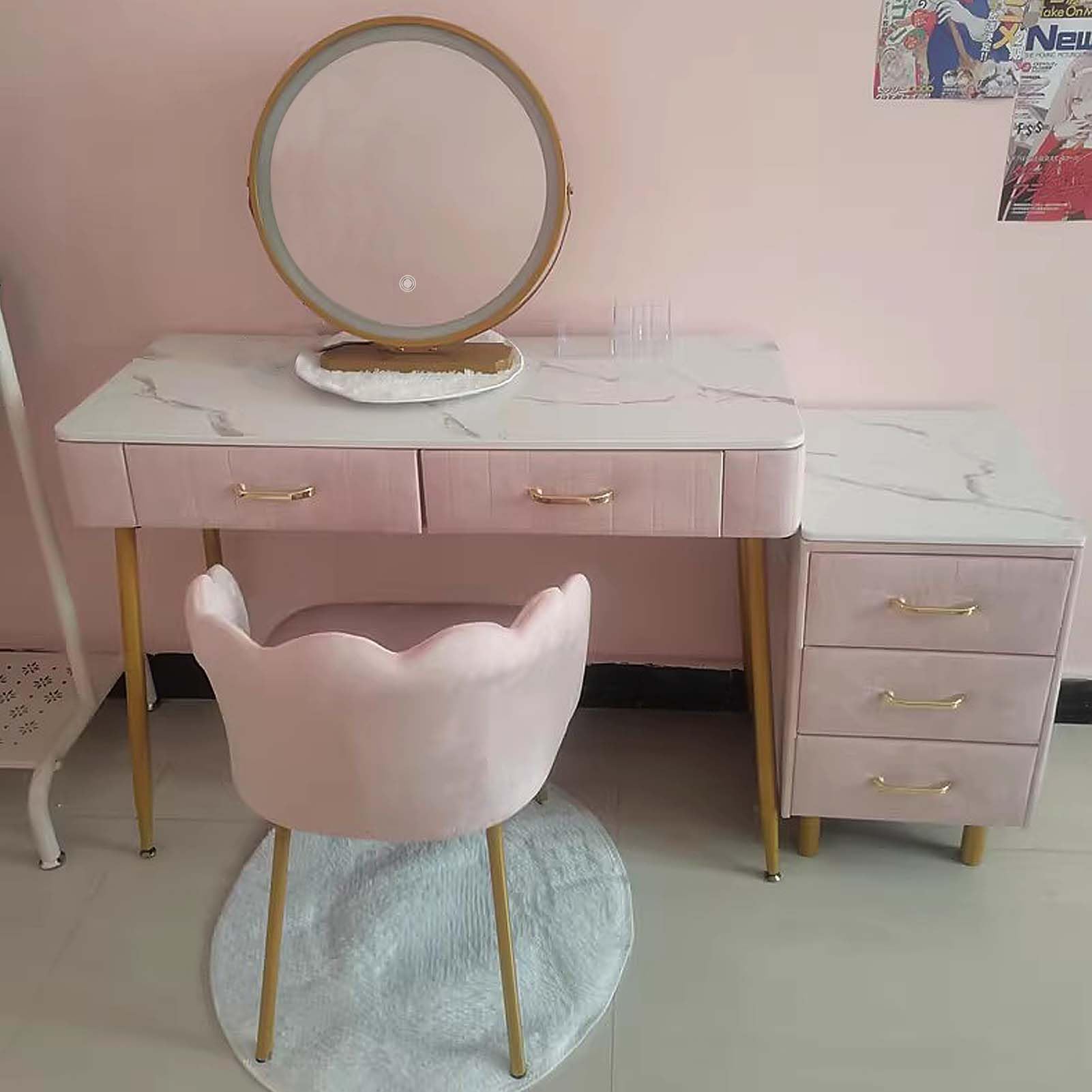 CGCSYZ Illuminated Vanity Table Set with Mirror 5 Drawer Makeup Desk Upholstered Velvet Stool Stylish Grey Dressing Table for Bedroom 80cm Modern Makeup Station(Pink-80cm)