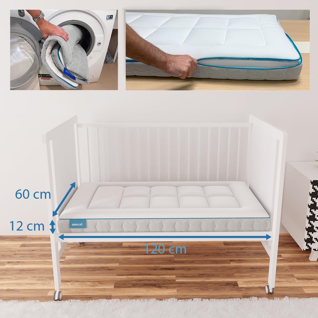 AMORI Materac łóżeczkowy 117 x 57 cm | 12 cm Gruby materac przeciw plagiocefalii i zapobiegający zadławieniu dziecka | Zdejmowany i zmywalny pokrowiec z wiskoelastyką 2 cm | Zima-Lato | Oddychający i