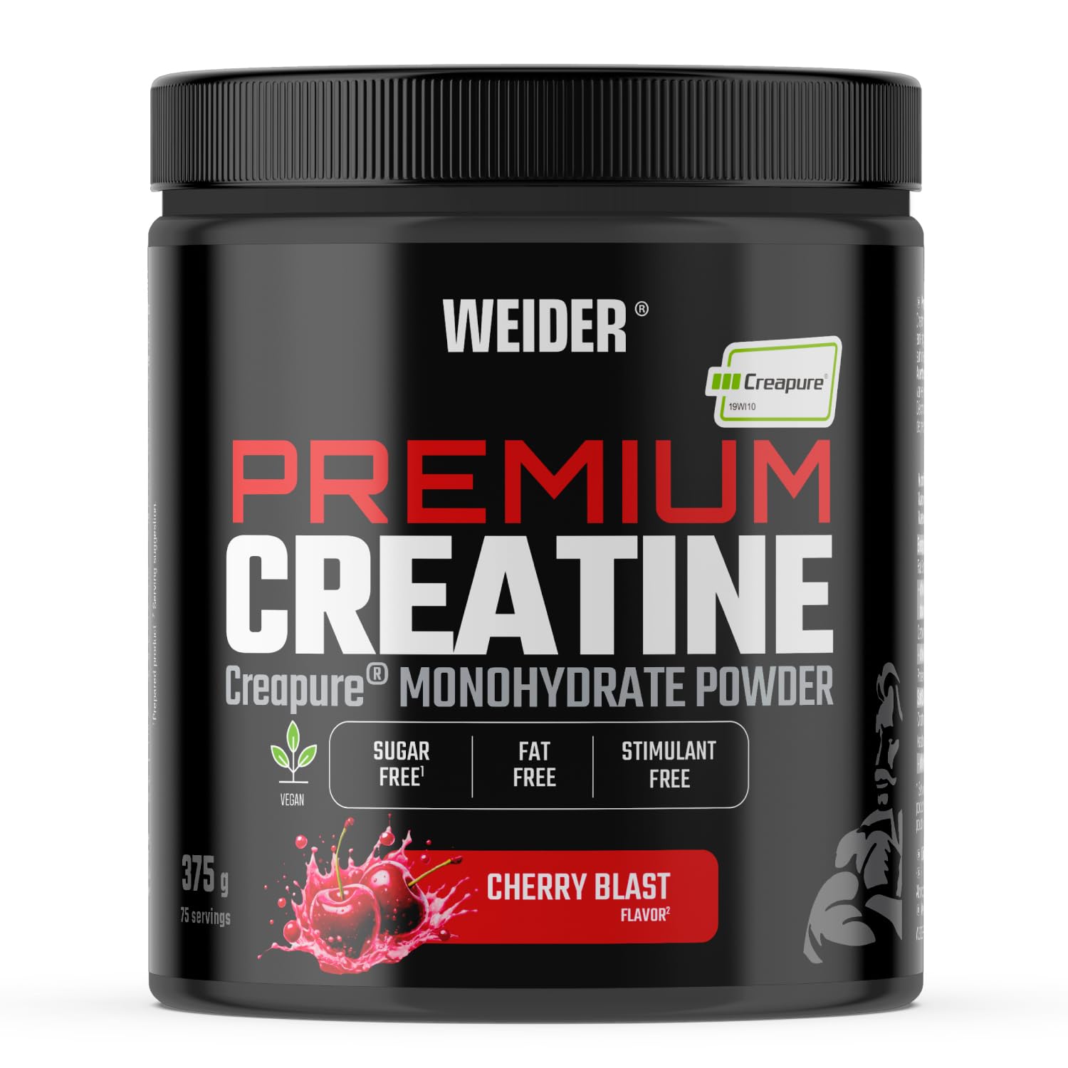 Weider Premium Creatine (375g) Gusto Ciliegia, Creatina Monoidrato 100% Creapure, assorbimento ottimale, Senza Zucchero,​Vegano, Aiuta ad aumentare le prestazioni fisiche (75 porzioni)