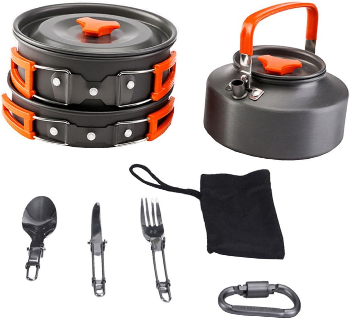 1set Portable Camping Cookware Set Outdoor Cooking Pot and Teapot for People Lightweight Cookware for Camping Hiking and Backpacking Orange