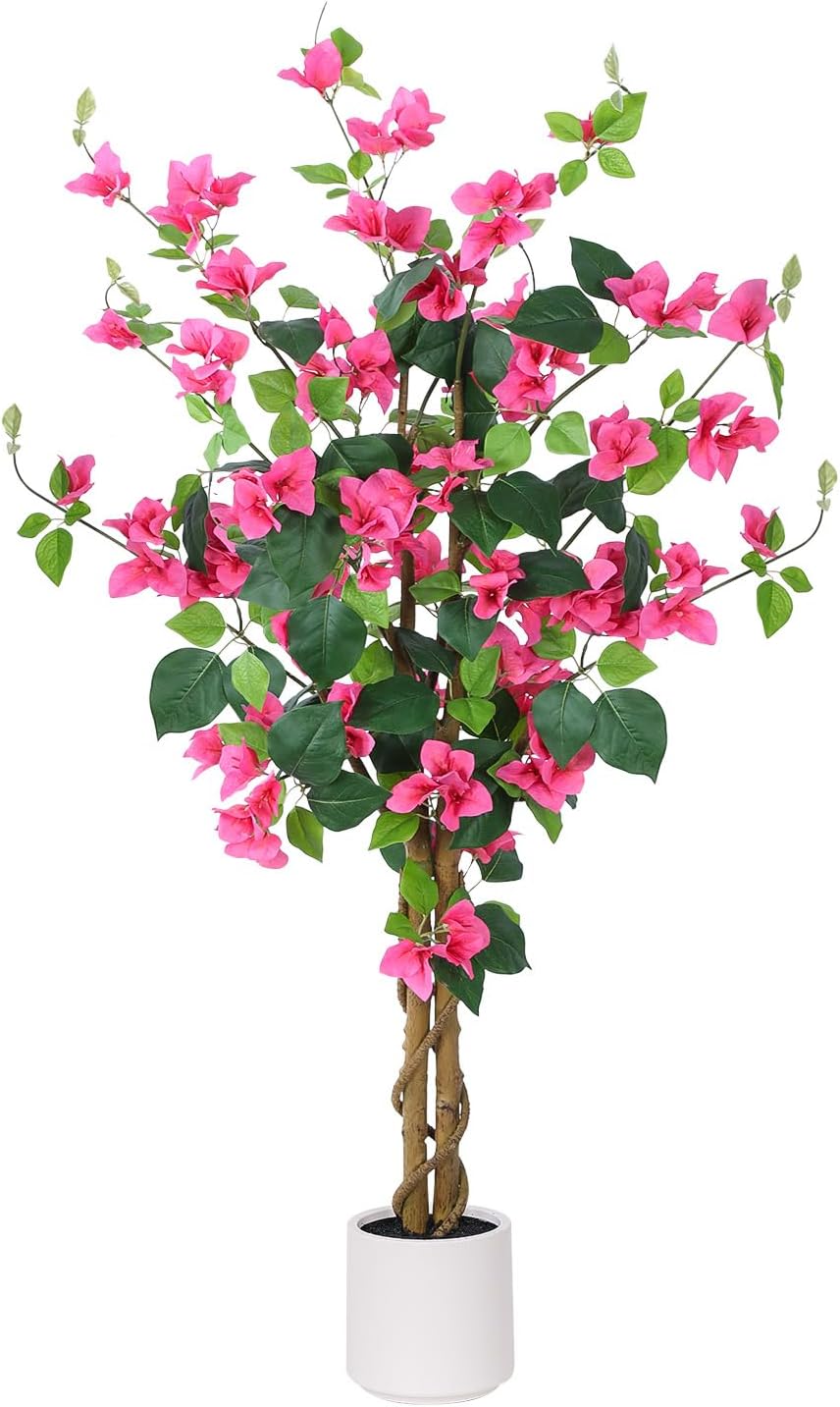 47.3 inch Artificial Bougainvillea Tree，Faux Flowers Plants with White Decorative Planter,Fake Tree for Living Room,Porch, Garden, Indoors & outdoorsM120