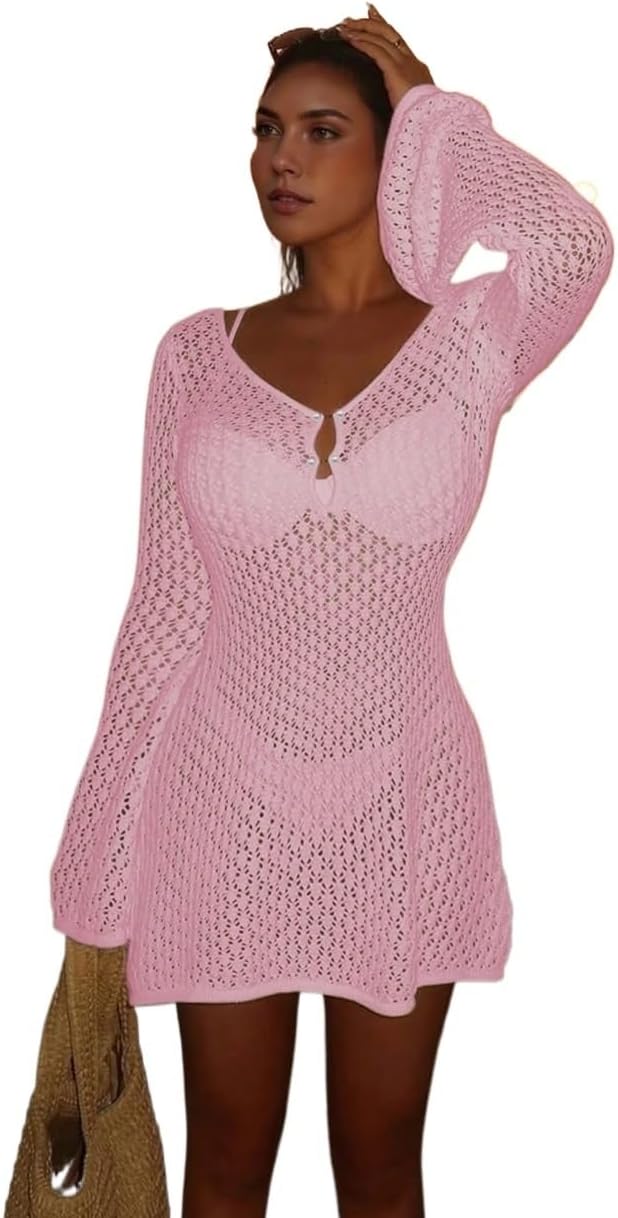 Women's Long Sleeve Hollow Out Swimsuit Cover Up, Elegant Beach, V-Neck Skirt Summer cover ups for swimwear