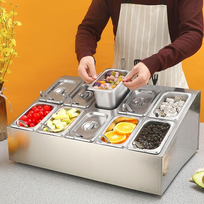 Estación de preparación de pizza, bandejas de acero inoxidable con compartimentos, organizador de mermeladas y condimentos con tapas, recipientes para condimentos y salsas (50 x 22,3 x 22,2 cm)