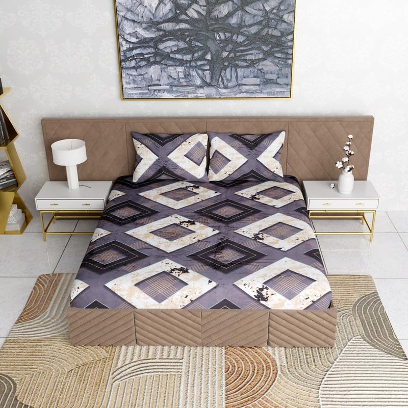 T Tungol® Fleece Winter Woolen Warm/Winter King Size Flat Double Bedsheet(90 x 100 Inch) with 2 Pillow Cover with Zipper Closure (Coffee Check)