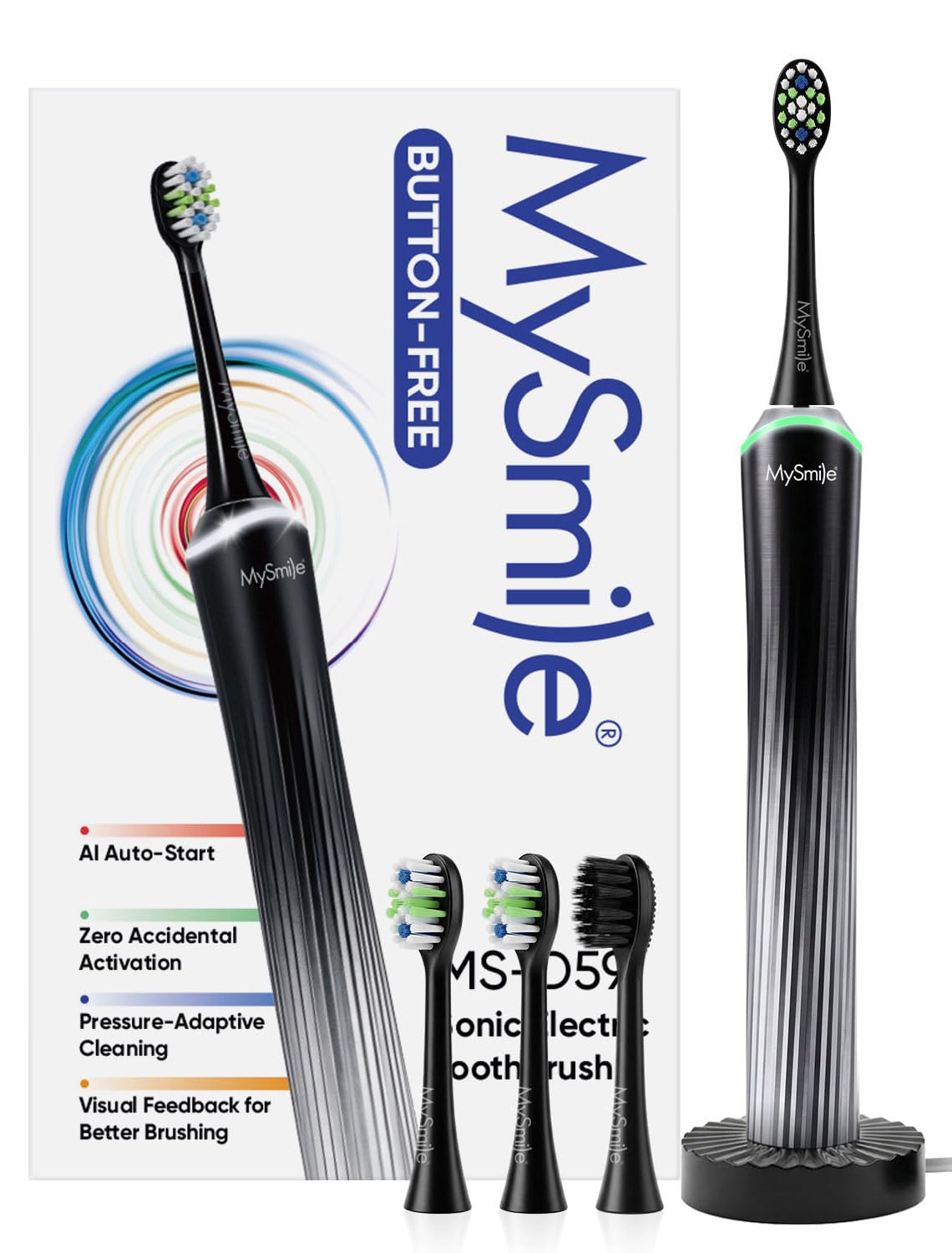 MySmile MS-D59 Elektrische Schallzahnbürste mit Drucksensor und visuellem Lichtring, wiederaufladbare Reisezahnbürsten für Erwachsene, 3 Bürstenköpfe inklusive, Glacier Noir
