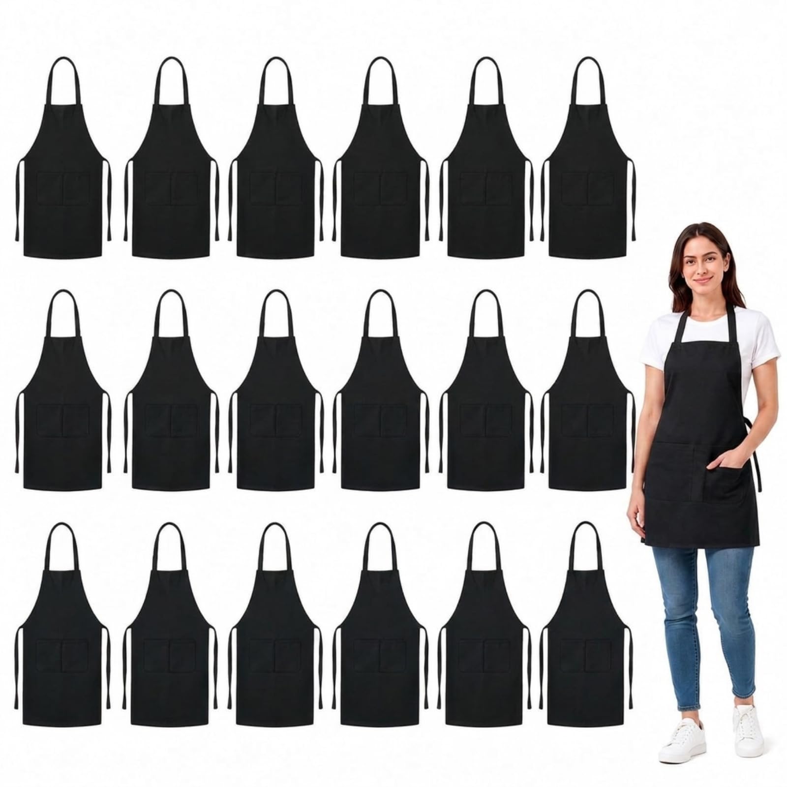 Syhood 18 Pack Bib Apron Bulk Unisex Plain Adjustable Apron with Pocket for Chef Cook Craft Kitchen Painting(Black)