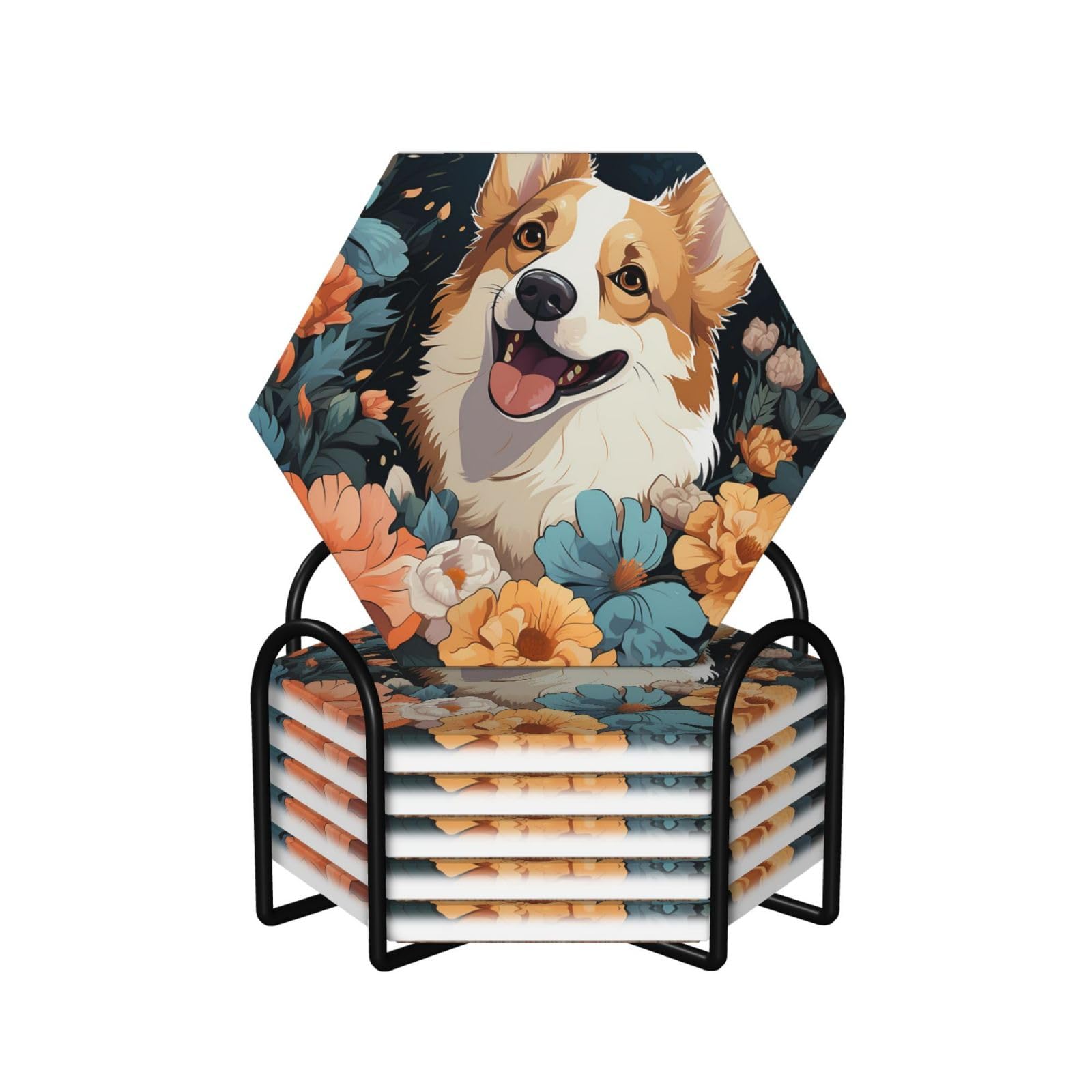 Dessous de verre céramique Corgi hexagone lot de 6, cadeau idéal pour les amoureux des chiens