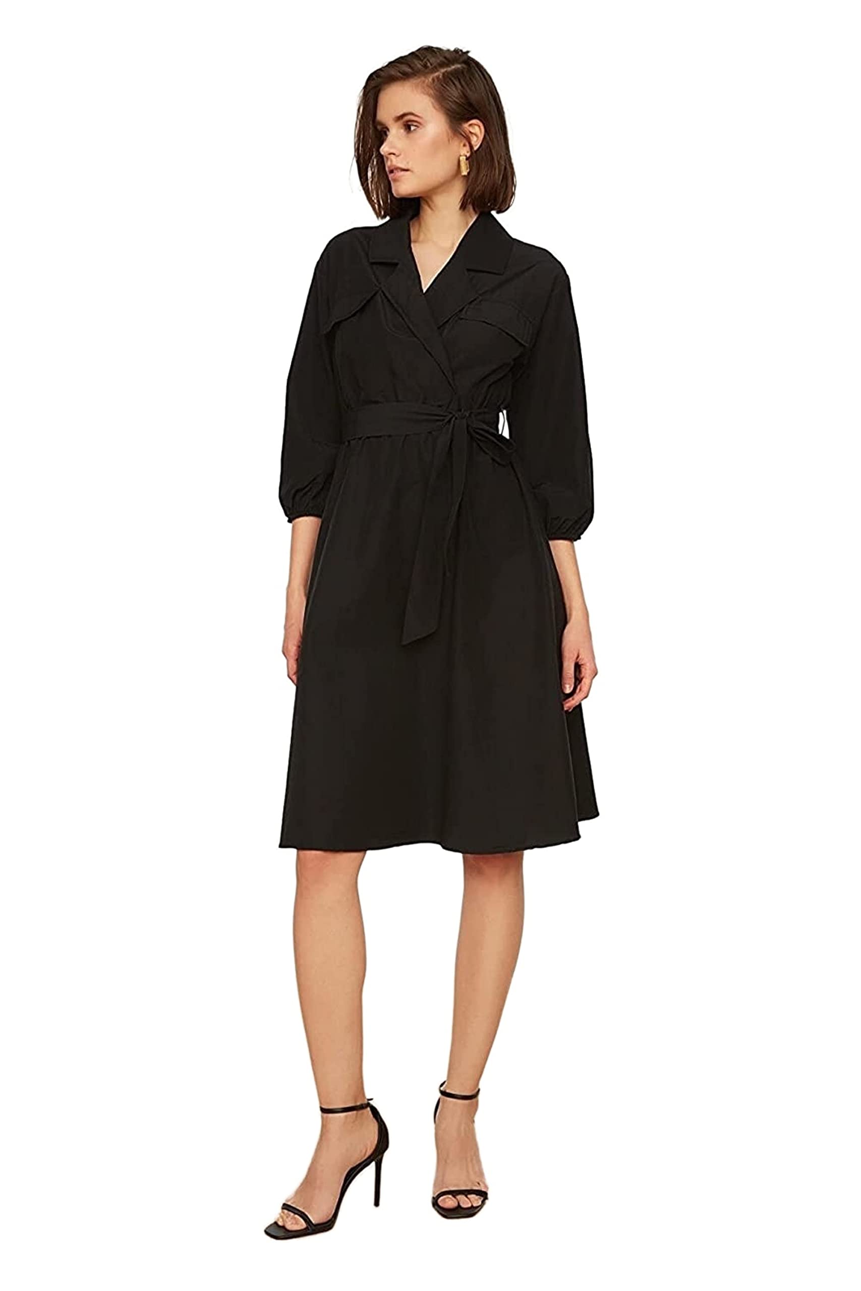 Trendyol Collection Damen Grün Grünes Midi-Webkleid Mit Gürtel Und Öffnung An Den Ärmeln Für - Größe 42