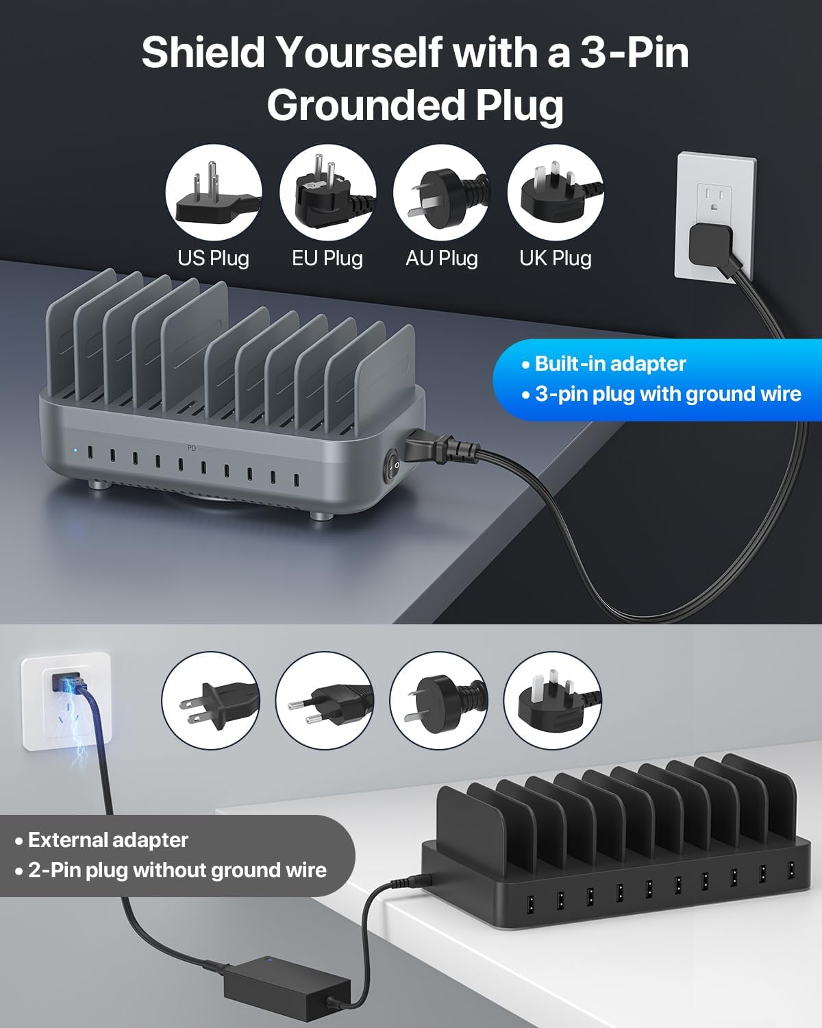 SooPii 200W USB-C Charging Station,10-Port PD Fast Charger with 20W Max Per Port,3-Pin Grounded Safety,10 Mixed Short Cables Included,Charging Organizer for Phones,Tablets and Other Electronics(Grey) 6 61jEPo2TYkL. AC SL1500