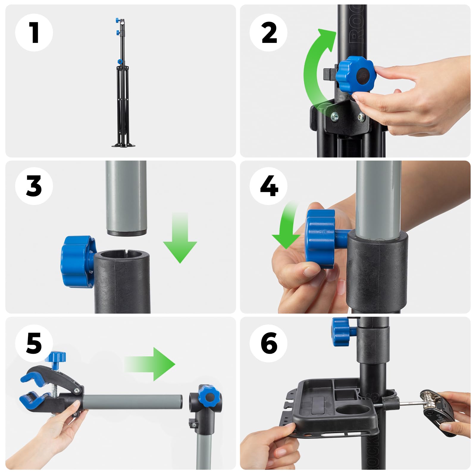 ROCKBROS Cavalletto Manutenzione Bici, Supporto Riparazione Biciclette Pieghevole con Vassoio, Rotazione a 360°, Altezza Regolabile, Portata Max 30 kg, per MTB, E-Bike