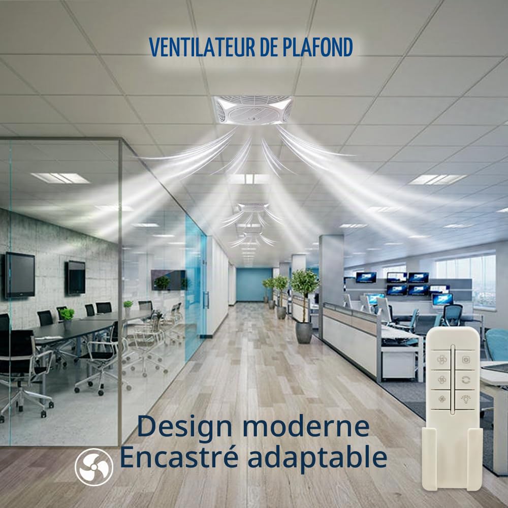 M Ledme - Ventilateur de plafond carré Armstrong 68W avec lumière LED blanc froid (6000K), encastré, 1172 lm, télécommande, moteur AC, silencieux, 3 vitesses, idéal pour les bureaux. LM8087