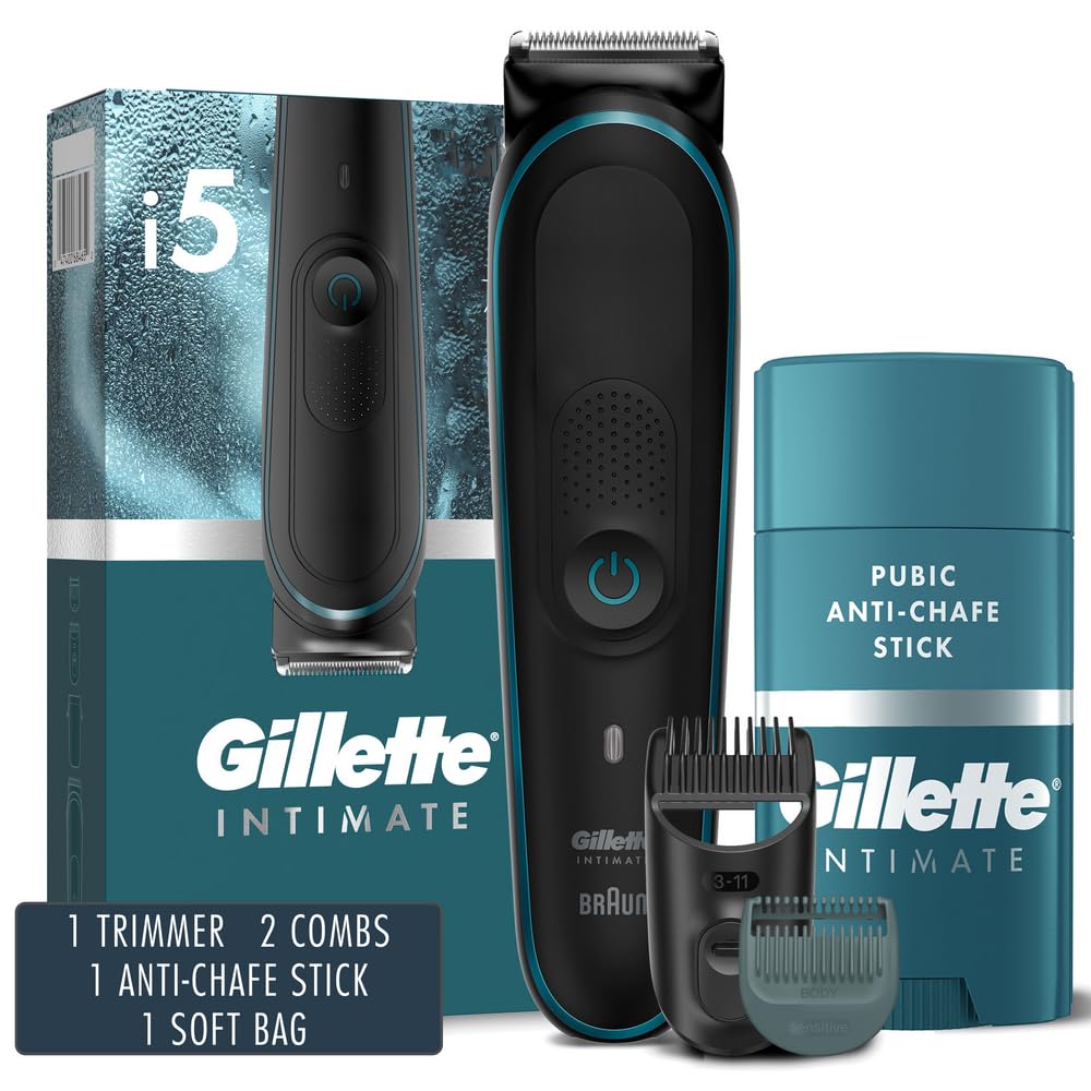 Gillette Intimate Men’s Pubic Hair Trimmer, SkinFirst Pubic Hair Trimmer for Men, Waterproof, with Anti Chafe Stick Trimmer Gift Set w/ Bag