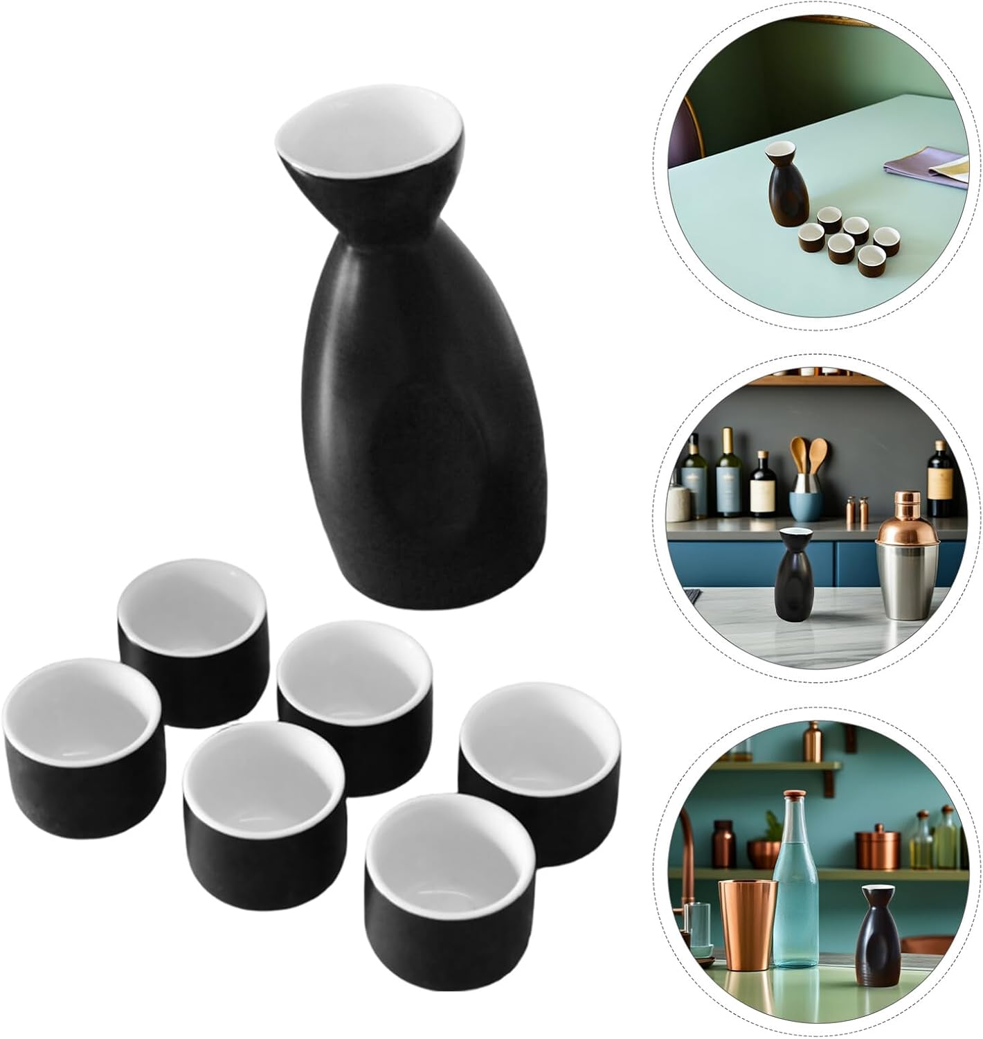 SHOWERORO Japanese Sake Set 250ml Ceramic Tokkuri Bottle with Six 30ml Black and White Porcelain Ochoko Cups Traditional Hot and Cold Sake Drinking Set with Eco-friendly Storage Box for Home