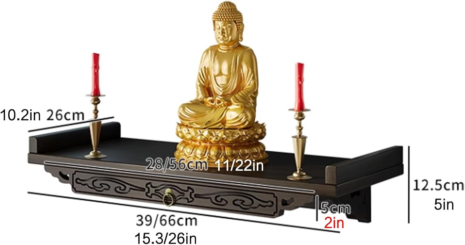 Wall Mounted Chinese Personal Buddha Niches Shrine Meditation Table,Wall-Mounted Shrine Altar Shelf,Tabletop Chinese Fengshui Guan Gong Guanyin Pooja Statue Display Stand(66x26x12.5cm/26x10.2x5in)