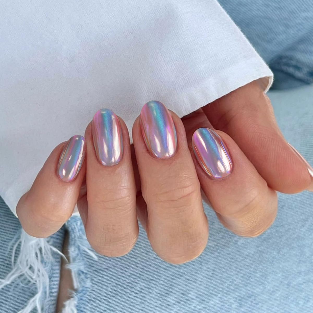 TENPAL 24Pcs Reusable Chrome Press on Nails with Tools Kit,Electroplated Aurora Pink Holographic Short Oval Fake Nails, Cat-Eye Effect Glossy Nails,